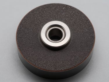 Close-up overhead of a resin bond diamond grinding wheel, smooth dark resin matrix surface with fine diamond grit visible, precision-ground wheel edge, studio lighting on neutral gray background
