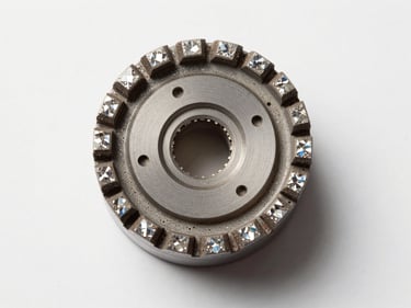 Top-down macro photo of a vitrified bond diamond grinding wheel, porous open-structure ceramic bond visible between diamond grains, precision wheel face, clean white studio lighting
