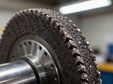 Close-up of a metal bond diamond grinding wheel edge under bright shop lighting, aggressive grain protrusion visible, dark metallic bond matrix, industrial setting