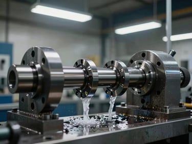 Wide environmental shot of an automotive camshaft being cylindrically ground in a production cell, coolant stream visible, precision chuck holding the shaft, crisp industrial lighting from overhead