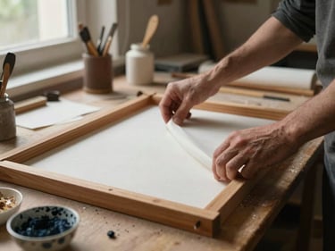 Artisan's hands stretching handmade paper over a wooden frame in a low-lit workshop, archival materials and natural pigments visible on the table, intimate detail framing, warm window light from the left