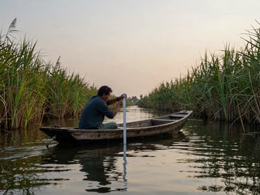 A person in a small wooden boat recording water-level measurements in a haor channel at dusk, reeds close on both sides, soft golden-grey light on still water, candid documentary framing from a slight distance