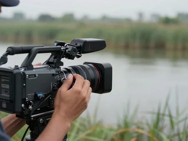 Close-up of a documentary camera operator adjusting a lens at the edge of a haor waterway, natural overcast light, reed beds blurred in background, hands and equipment in sharp focus, muted green and grey tones