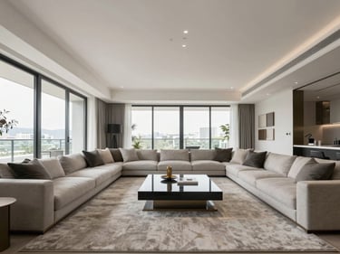 Wide-angle interior shot of a luxury apartment living room, captured for a high-end virtual tour.