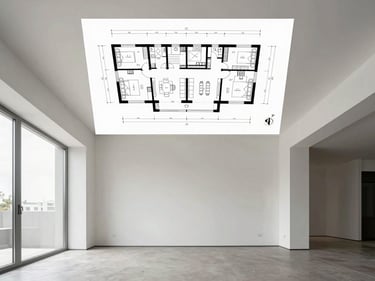 Clean overhead blueprint layout overlaid on a minimalist modern interior space, sharp focus.