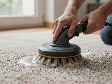 Close-up of a carpet cleaning technician's hands pressing a rotary brush head into carpet fibers, water and foam visible, daylight from a nearby window illuminating the work surface
