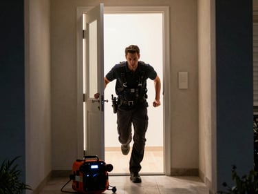 Technician rushing into a property at night through an open door, extraction equipment visible in the foreground under bright interior lighting, sense of urgency and immediate action