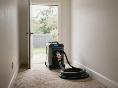 Wide shot of a technician working in a residential hallway with extraction equipment trailing behind, daylight from open front door illuminating the carpet, equipment hoses organized neatly