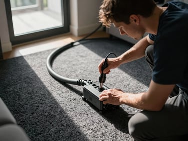 Wide-angle overhead view of a technician using a professional deep-extraction unit on dark carpet in a living room, strong natural light from a glass door, machine hose trailing across the floor