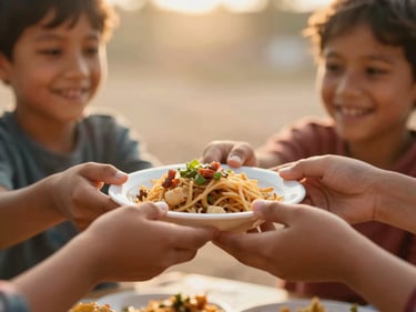 Hands passing a warm, fresh meal to a smiling child, close-up shot, shallow depth of field, warm tones