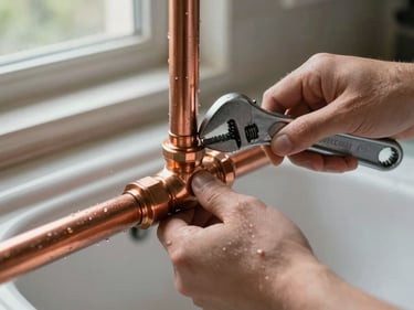 Close-up of hands tightening a copper pipe joint under a sink, wrench in use, daylight from a small bathroom window, water droplets still visible on the pipe