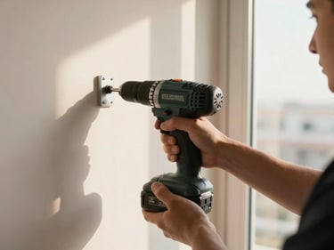 Technician's hands using a cordless drill to fix a wall bracket inside a UAE apartment, toolbelt visible, warm natural light from a window to the right