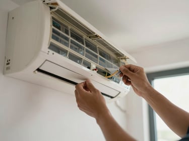 Close-up of a technician's hands removing a panel from a wall-mounted AC unit, refrigerant lines visible, natural light from a nearby window, real UAE apartment interior