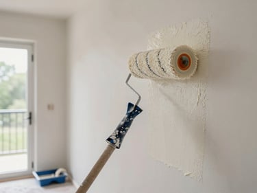 Painter's roller applying off-white emulsion to a freshly prepped interior wall, natural light from open balcony door, paint tray and masking tape visible on the floor