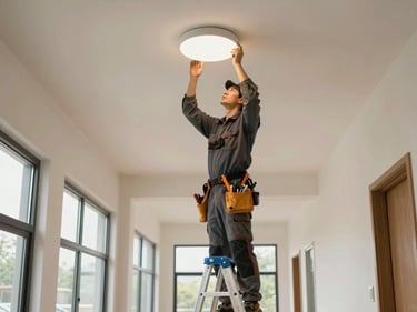 Wide shot of a building maintenance worker on a ladder inspecting a ceiling light fitting in a commercial corridor, natural light from end-of-hall windows, tools in hand