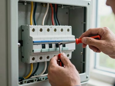 Hands wiring a residential electrical breaker box, screwdriver in grip, cables stripped and colour-coded, natural daylight from a window behind the panel