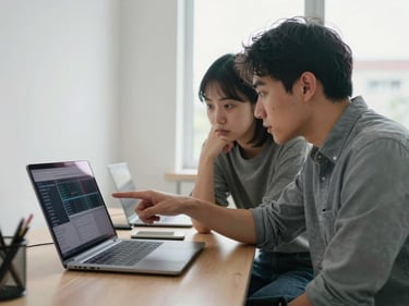 Instructor pointing at a laptop screen showing a data dashboard, student leaning in to look, bright natural window light from the right, clean desk environment