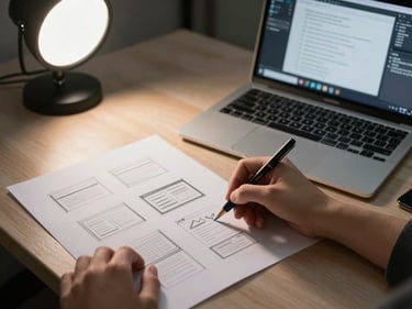 Student sketching UI wireframes on paper beside an open laptop showing a design tool, studio lighting, tidy workspace