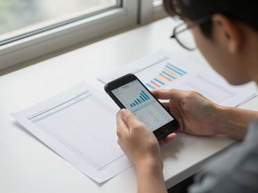 Student at a desk reviewing spreadsheets and financial charts on a phone, natural window light, clean workspace, papers visible