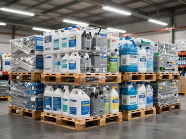 Wide shot of palletized commercial goods — cleaning equipment, janitorial supplies, and facility products stacked on warehouse pallets under overhead fluorescent and daylight, organized and labeled