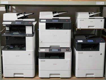 Overhead shot of boxed office equipment — printers, scanners, and shredders arranged in an organized grid on warehouse shelving, neutral ambient lighting, product labels visible