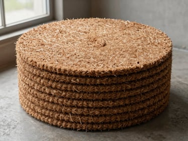 Stack of circular coir discs viewed from slightly above on a warehouse shelf, compressed brown fibre texture clearly visible on the flat face, daylight from a side window, plain concrete background