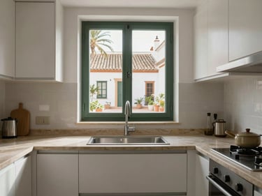 Interior detail of a renovated apartment kitchen in Los Boliches Fuengirola, white cabinetry, stone countertop, window overlooking a quiet courtyard, natural daylight