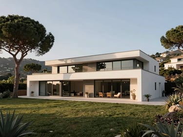 Wide exterior shot of a modern detached villa in Fuengirola Norte hillside neighbourhood, flat roof, large windows, garden with mature trees, soft morning light