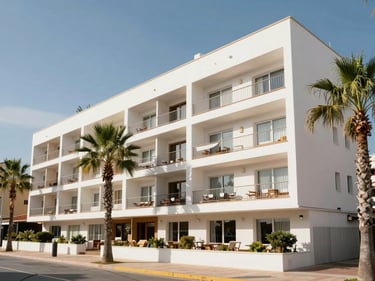 Wide exterior shot of a modern seafront apartment building in Fuengirola, white rendered facade, ground-floor terrace visible, bright Mediterranean midday light, palm-lined promenade in foreground