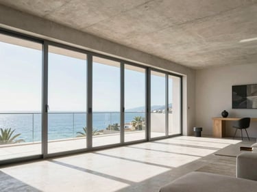 Wide interior shot of a bright top-floor penthouse living room in Fuengirola Centro, floor-to-ceiling windows, concrete ceiling detail, Mediterranean light flooding the space