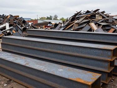 Heavy industrial iron scrap piles and structural steel beams in a recycling yard, weathered textures.
