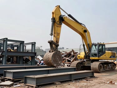 Industrial dismantling site with heavy machinery, steel structures being sorted in daylight.
