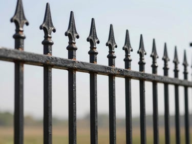 Elegant black ornamental aluminum fence with decorative finials, sharp focus on the rust-proof material, under bright morning daylight.