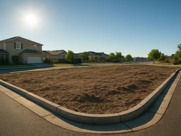 Corner residential plot in a suburban grid, concrete curb edge visible, adjacent completed houses to the left, morning direct sun, wide environmental shot