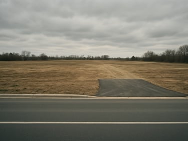 Commercial land parcel adjacent to main road, paved access point visible, open flat terrain, overcast daylight, wide environmental framing showing road context