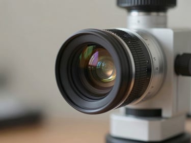 Close-up of retinography camera lens and imaging aperture on white clinical stand, soft north-facing diffused studio light, no people, precision optical component