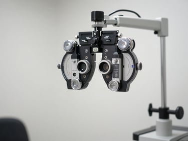 Wide shot of a digital phoropter unit mounted on examination arm, white room, soft diffused studio light, precision optical lenses visible, no people