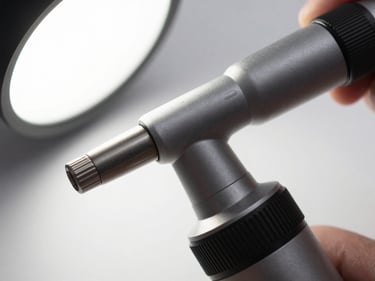 Extreme close-up of non-contact tonometer measurement nozzle, clinical white background, studio strobe with diffusion, precision medical instrument detail, no people
