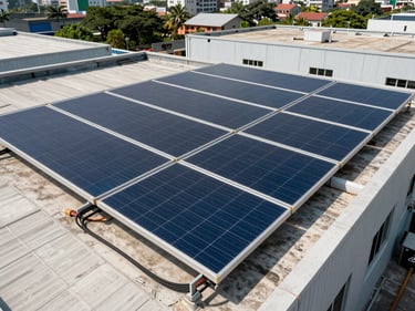 Solar roof panel array installed on a flat commercial rooftop, Mumbai industrial zone, noon sun, wiring harness visible along panel edge