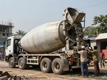 Ready-mix concrete truck discharging at a Mumbai construction site, mid-morning daylight, workers guiding the chute, wet concrete visible