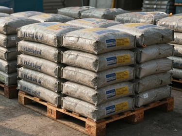 Rows of cement bags stacked on a pallet in a ground-floor storage bay, Mumbai site, morning ambient light, bag labels visible, concrete floor