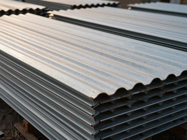 Corrugated metal roof sheets stacked in an open storage yard, Mumbai, morning light casting side shadows on the ribbed sheet surface