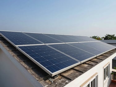 Solar roof tiles installed on a residential rooftop in Mumbai, noon sunlight, panels flush with the roof surface, blue sky background