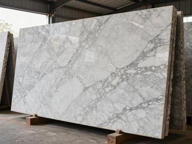 Polished marble slabs leaning against a warehouse wall, Mumbai, natural daylight through open bay, veining detail visible on white and grey slabs