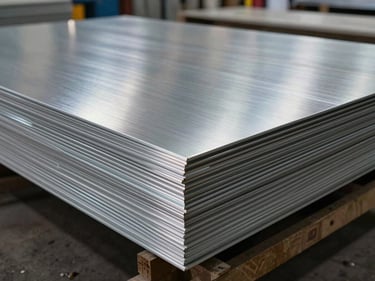 Alccotect aluminium composite panel sheets stacked flat in a warehouse, Mumbai, overhead industrial lighting, panel surface sheen visible