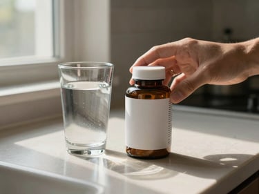 Close-up of a supplement bottle resting beside a glass of water on a kitchen counter, morning natural light from a nearby window, hand partially visible reaching for the bottle, warm neutral surface