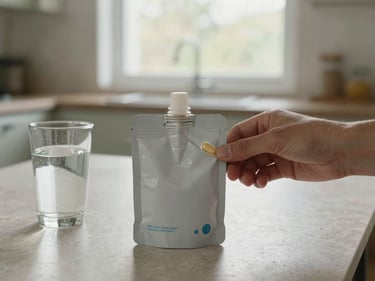 Supplement pouch and a glass of water on a light-toned kitchen table, hands opening the pouch, natural morning window light, real domestic setting