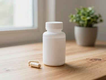 Supplement capsule bottle on a wooden desk next to a small plant, diffused daylight from a side window, clean minimal context, warm ambient tones
