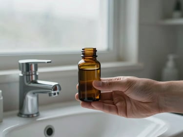 Hand holding a small amber glass supplement bottle close to a bathroom sink, soft overcast daylight from a frosted window, real bathroom context, no props beyond bottle