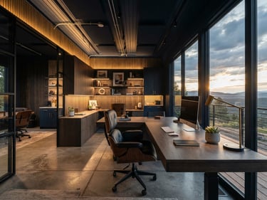 Interior of a premium portable office cabin, sleek modern desks, integrated LED lighting, pre-wired conduits, architectural photography.